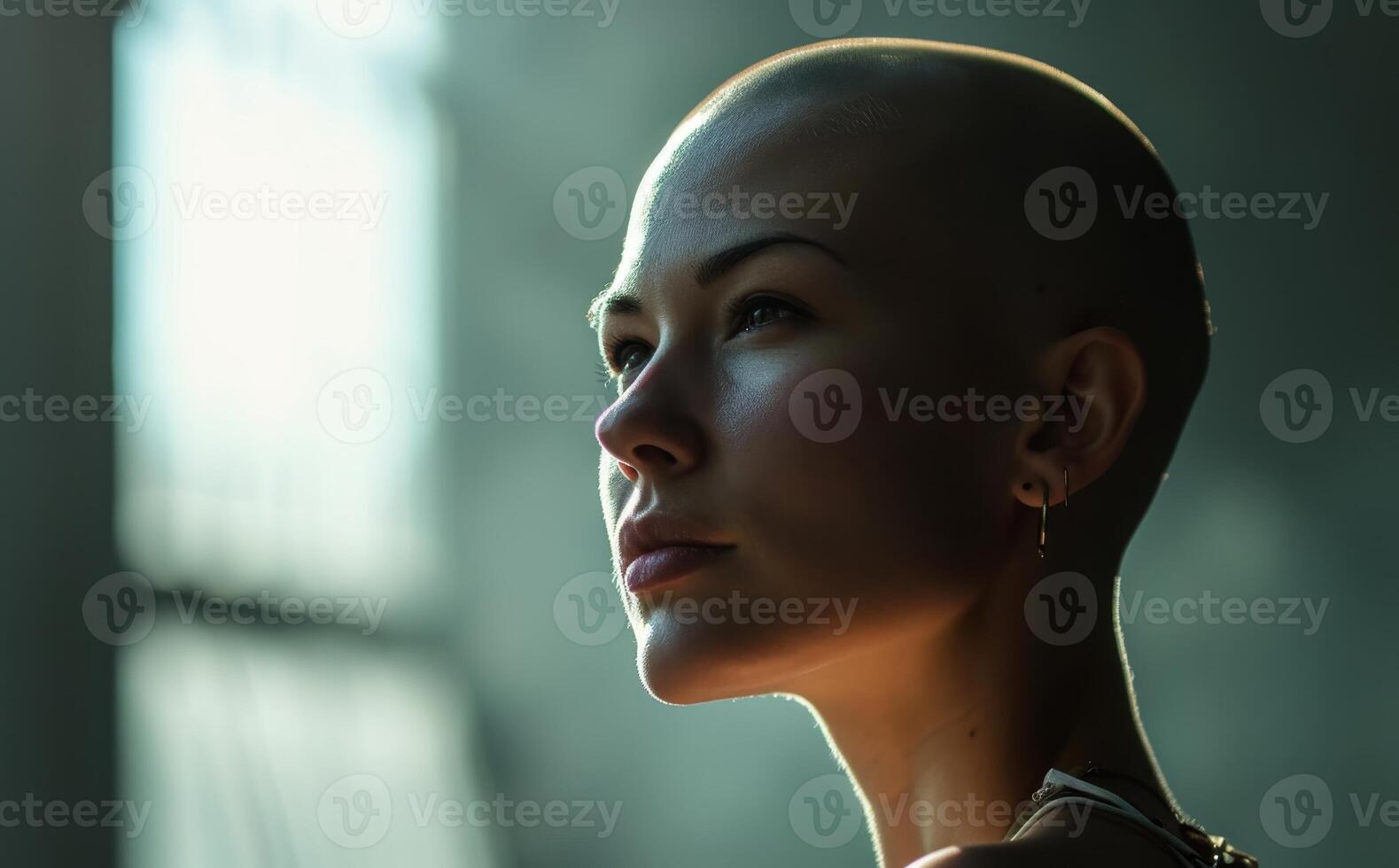 Serene Bald Woman Gazing Through a Window photo