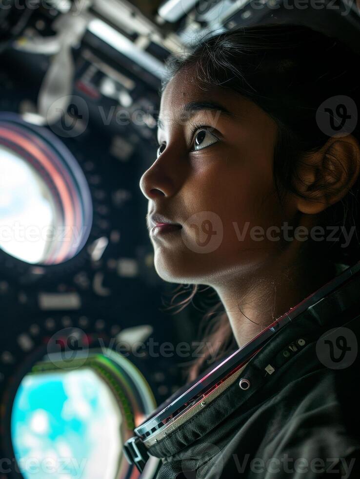 Young girl aspiring to be an astronaut looking out of a spacecraft window photo