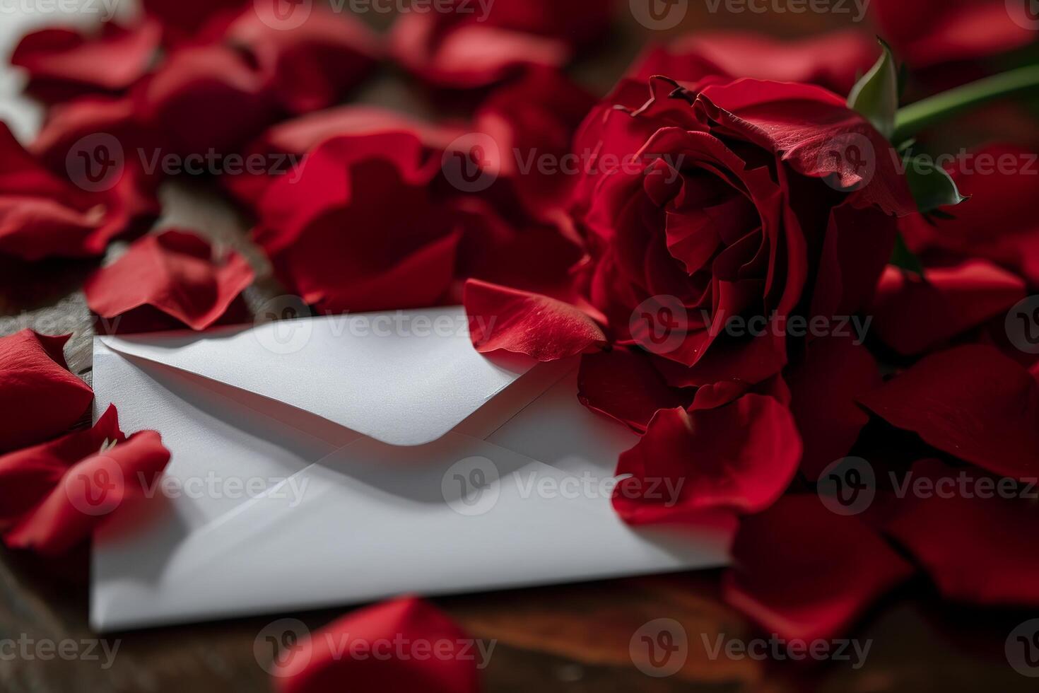 Romantic Red Rose and Love Letter on Wooden Table photo