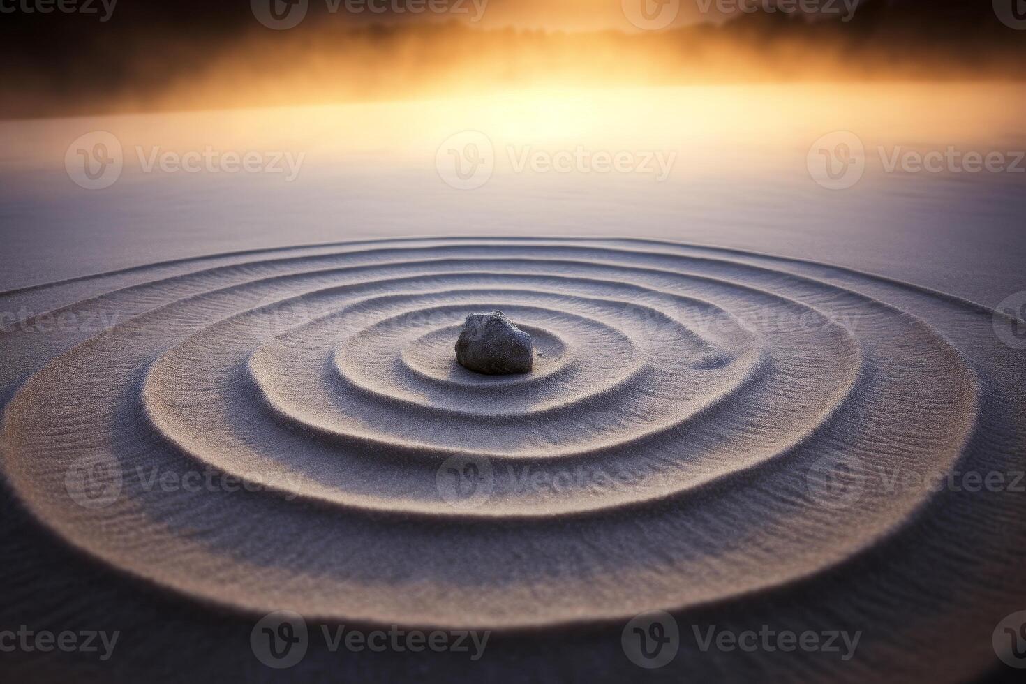 Zen stone in circular sand patterns at sunrise photo