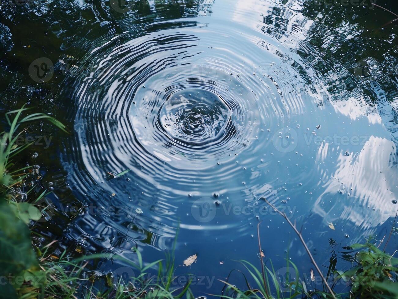 Ripples on a serene pond surrounded by greenery photo