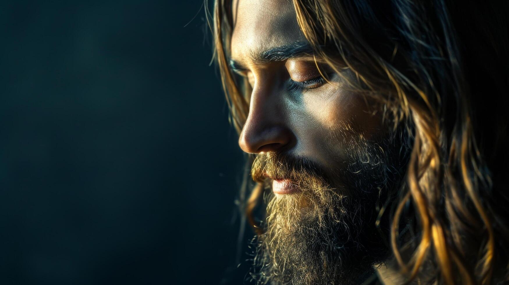 Serene bearded man with contemplative expression in dramatic lighting photo