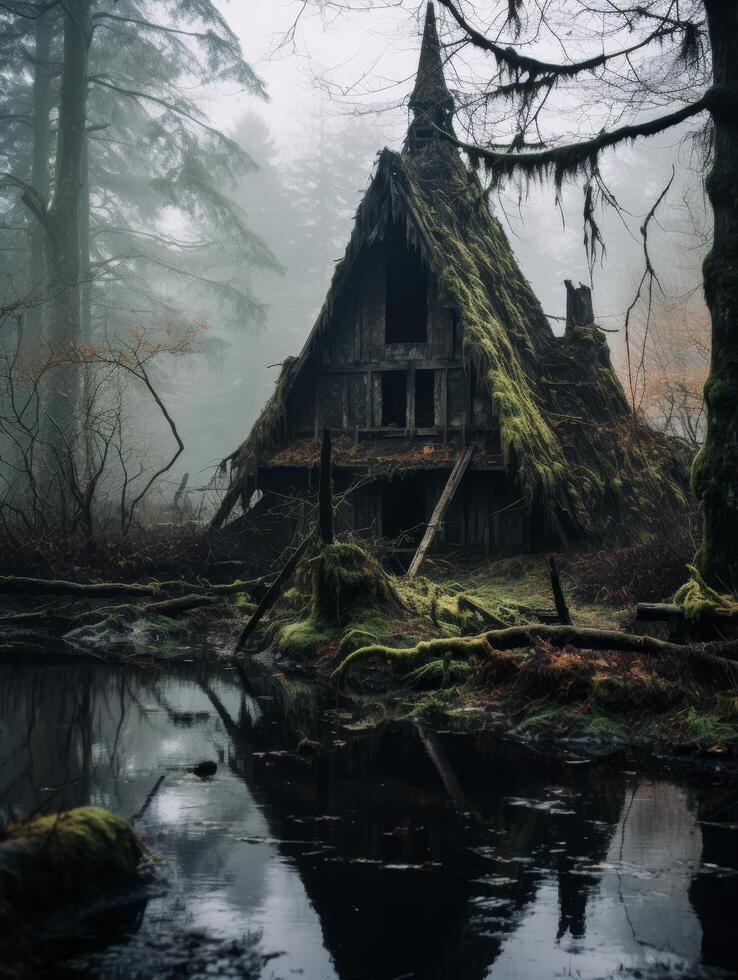 Mysterious Abandoned Cabin in a Foggy Forest photo