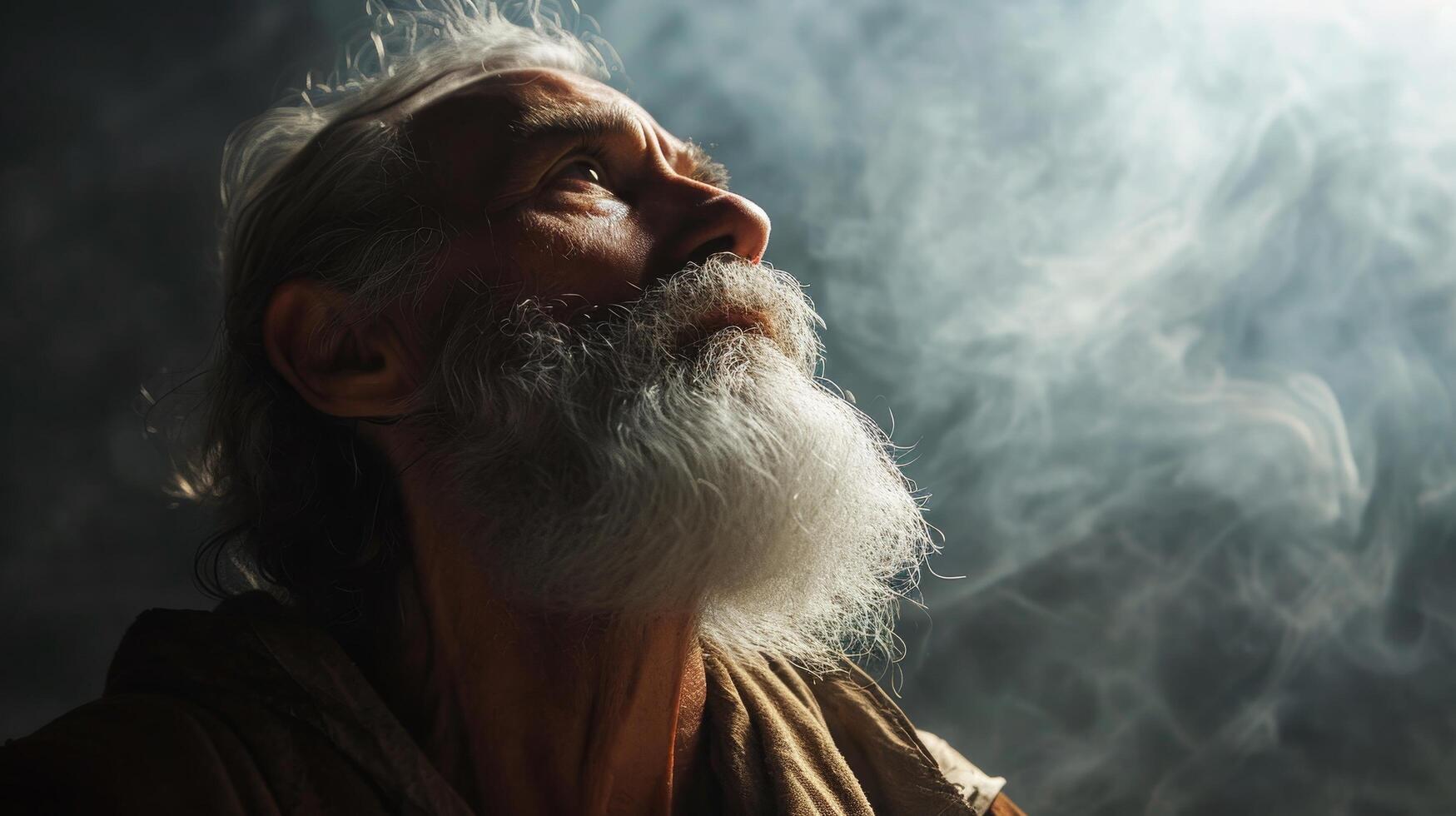 Elderly man with a long beard looking contemplative amidst smoke photo
