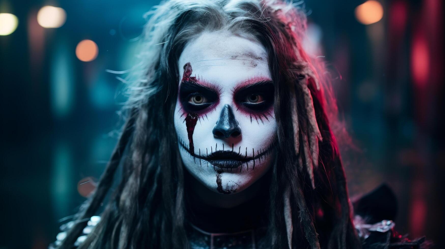 Spooky female clown with dramatic makeup in a dark setting photo