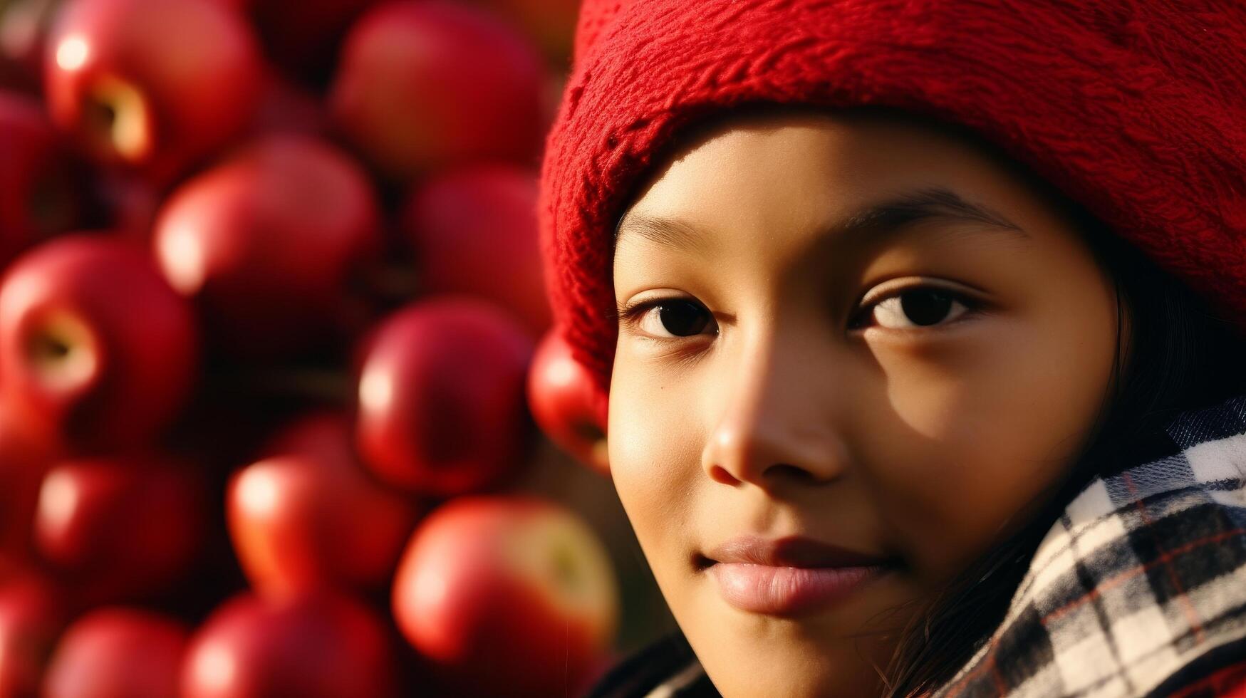 Young girl in red hat posing with a pile of fresh apples during autumn photo