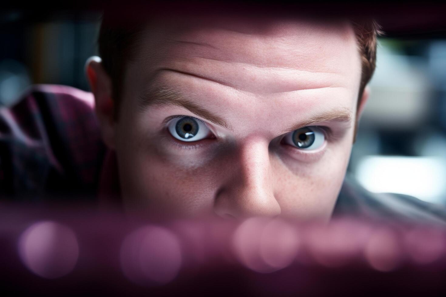 Close up of a surprised man peeking over a blurred foreground photo