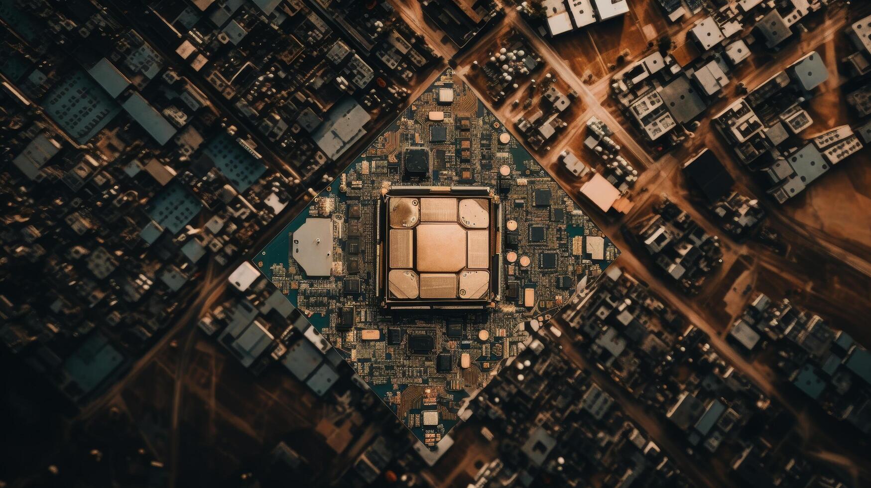Aerial View of a Modern Microchip Amidst Circuitry photo