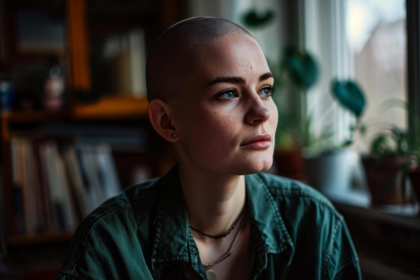 Contemplative young woman with a shaved head looking out a window photo
