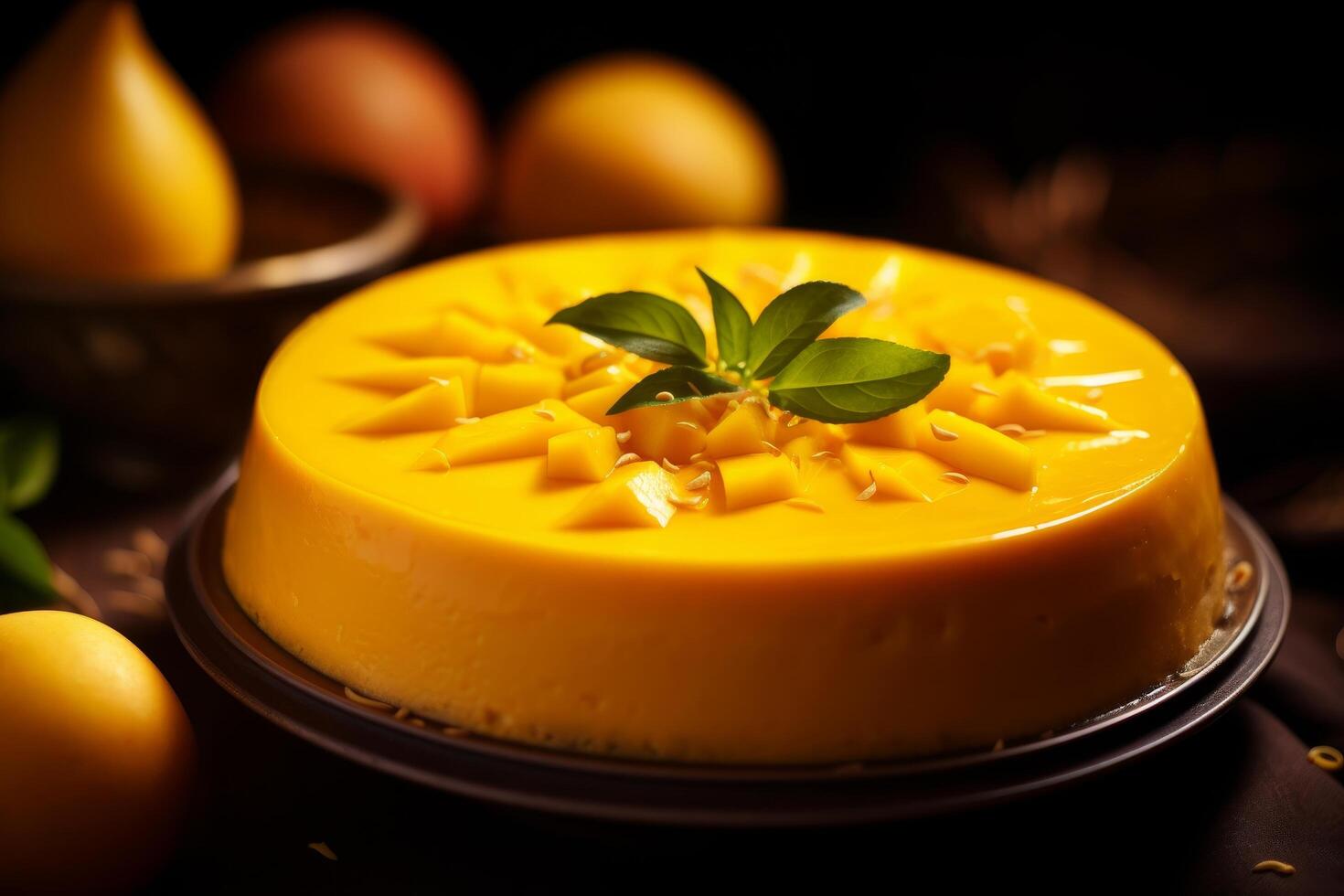 Elegant Mango Cheesecake on a Dark Background photo