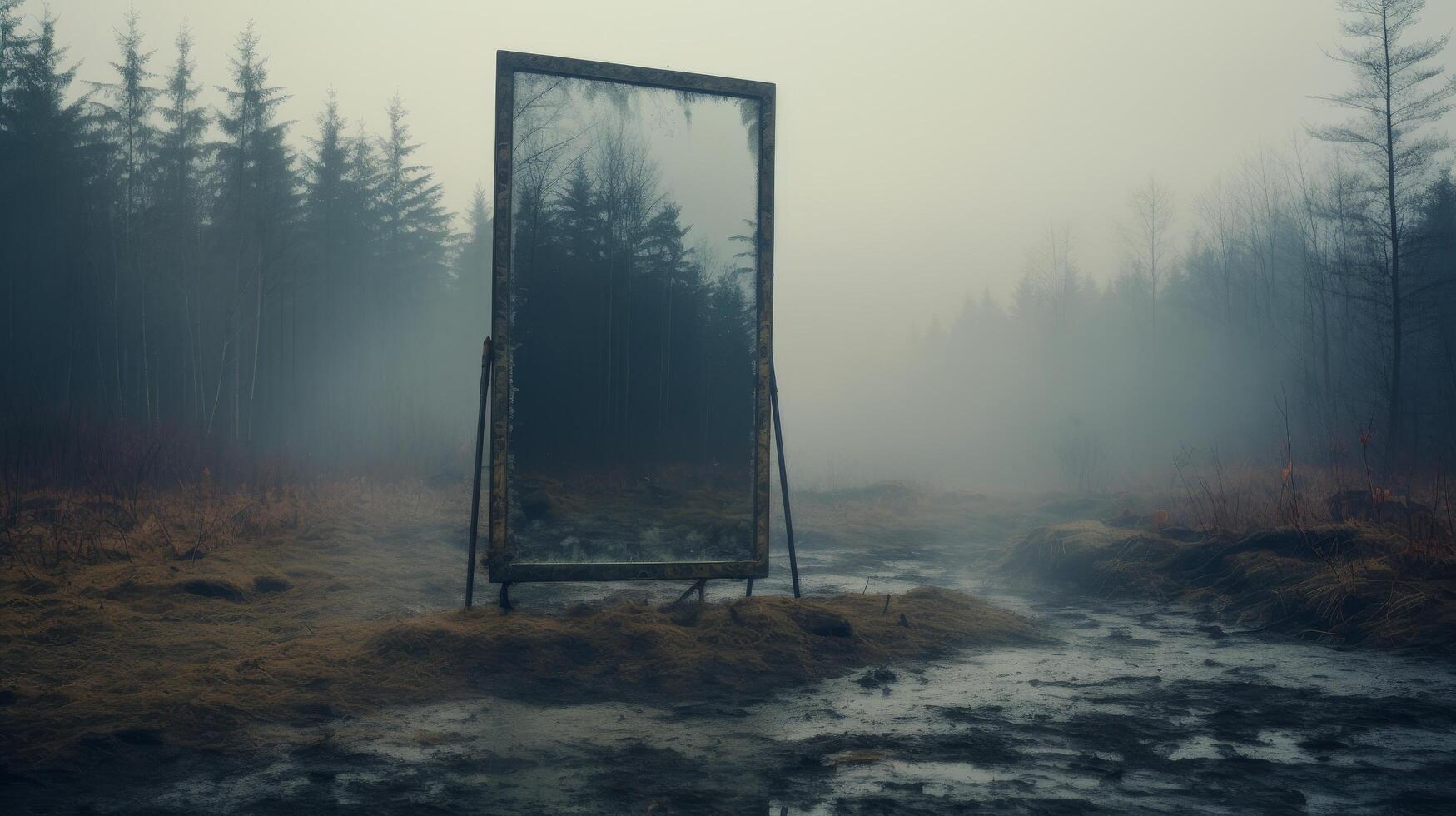 Mysterious mirror in a foggy forest photo