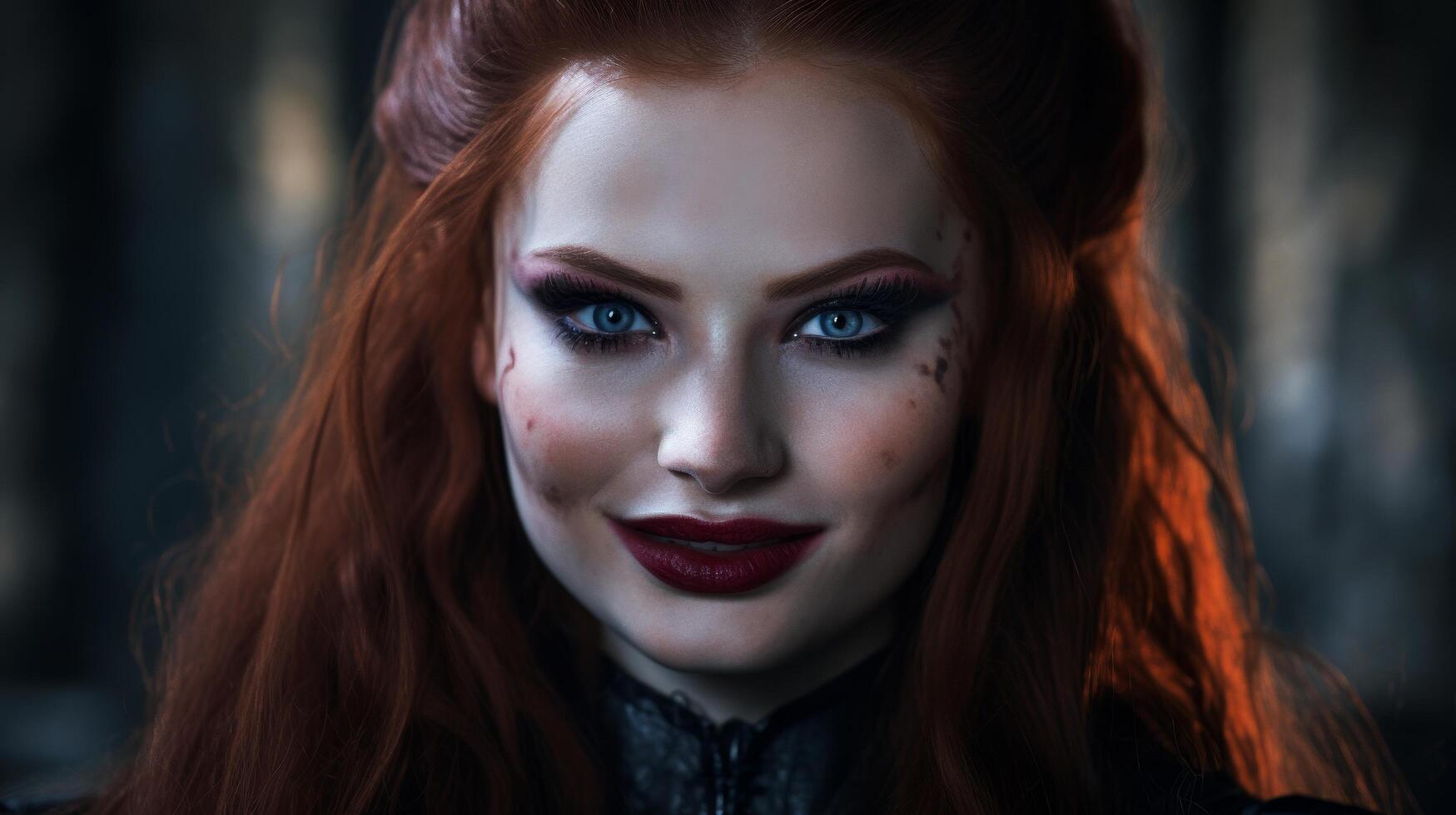 Portrait of a woman with striking red hair and captivating smile in a mystical forest setting photo