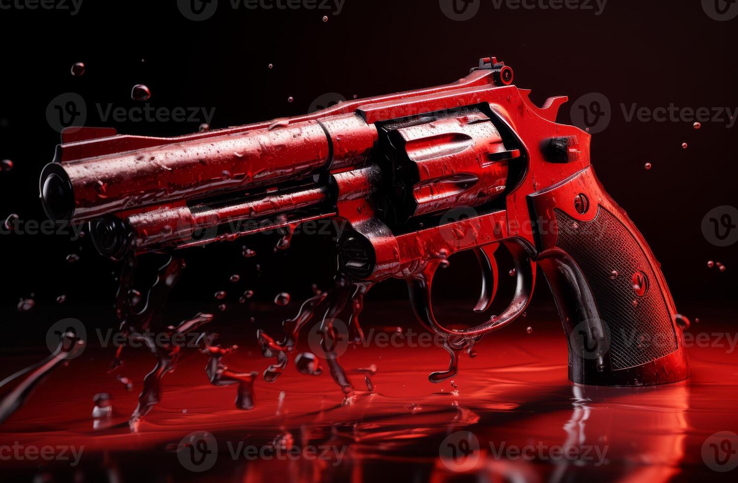 Wet red revolver on a reflective surface with water droplets photo