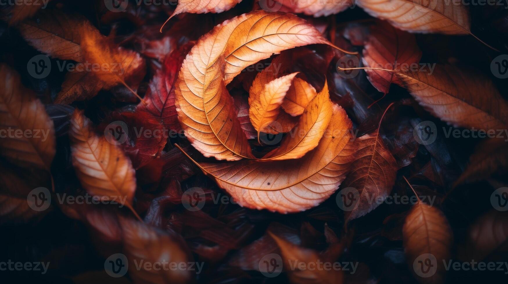 Autumn leaves arranged in a spiral pattern on a dark background photo