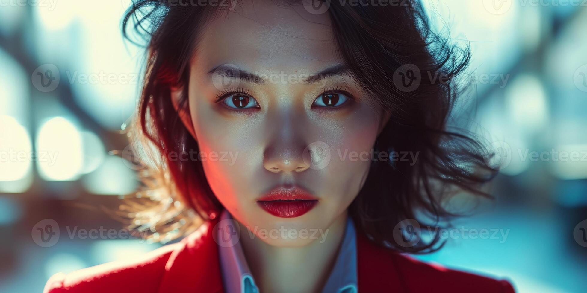 Portrait of a Young Woman in Red Blazer with Intense Gaze photo