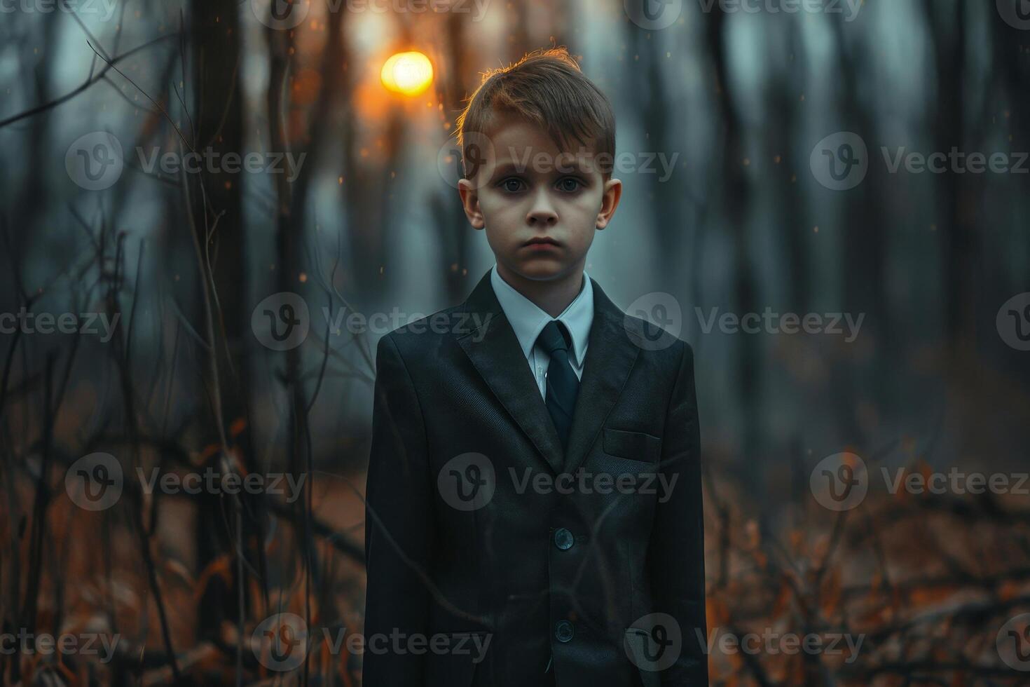 Young boy in a suit standing solemnly in a misty forest at dusk photo