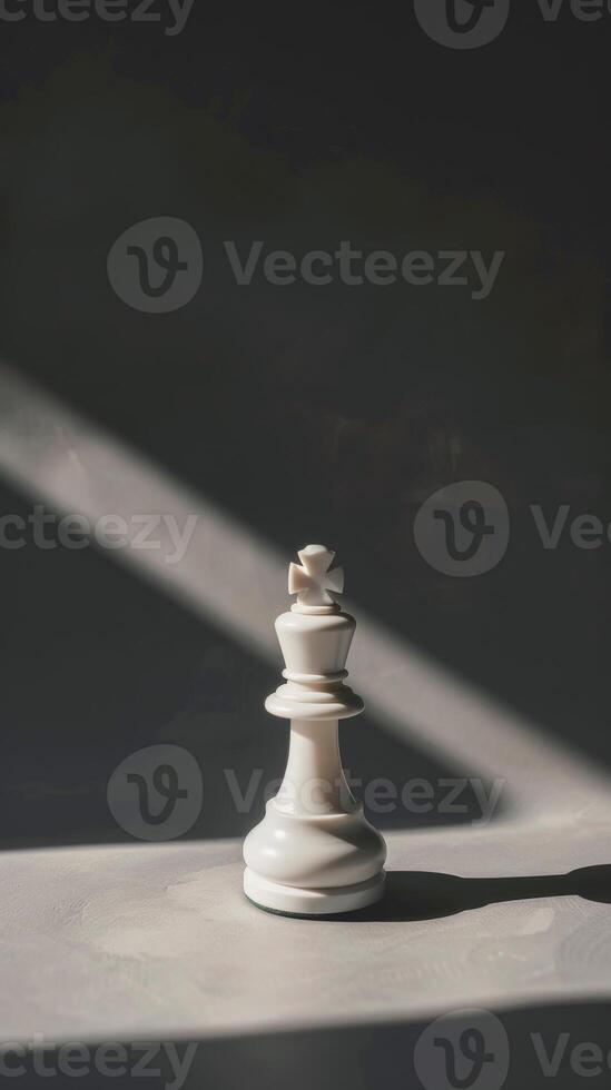 Single white chess king in spotlight on dark background photo