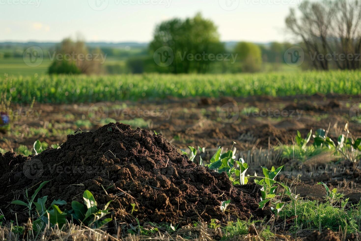 Freshly Plowed Soil in a Sprouting Field at Sunset photo