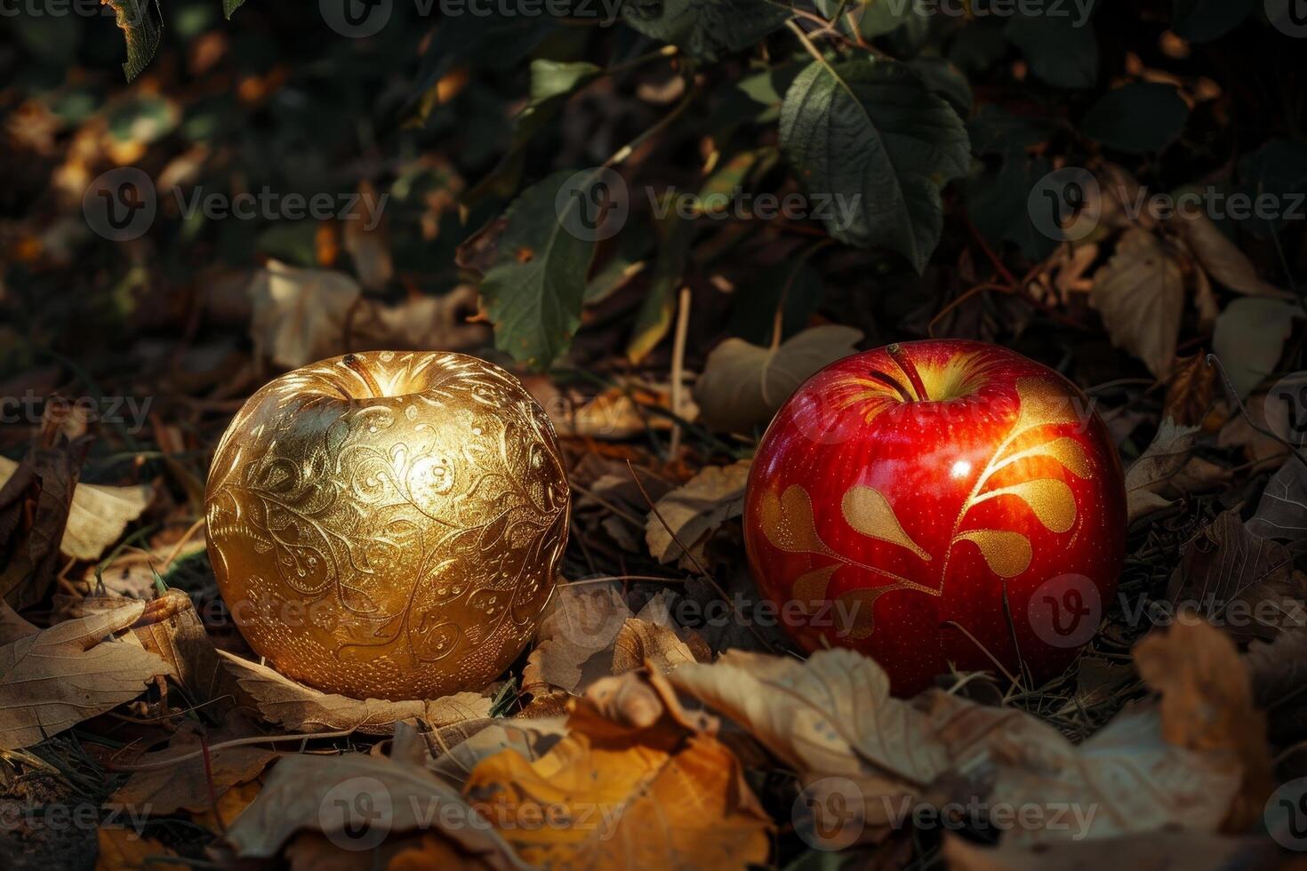 Golden and red apples resting on autumn leaves photo