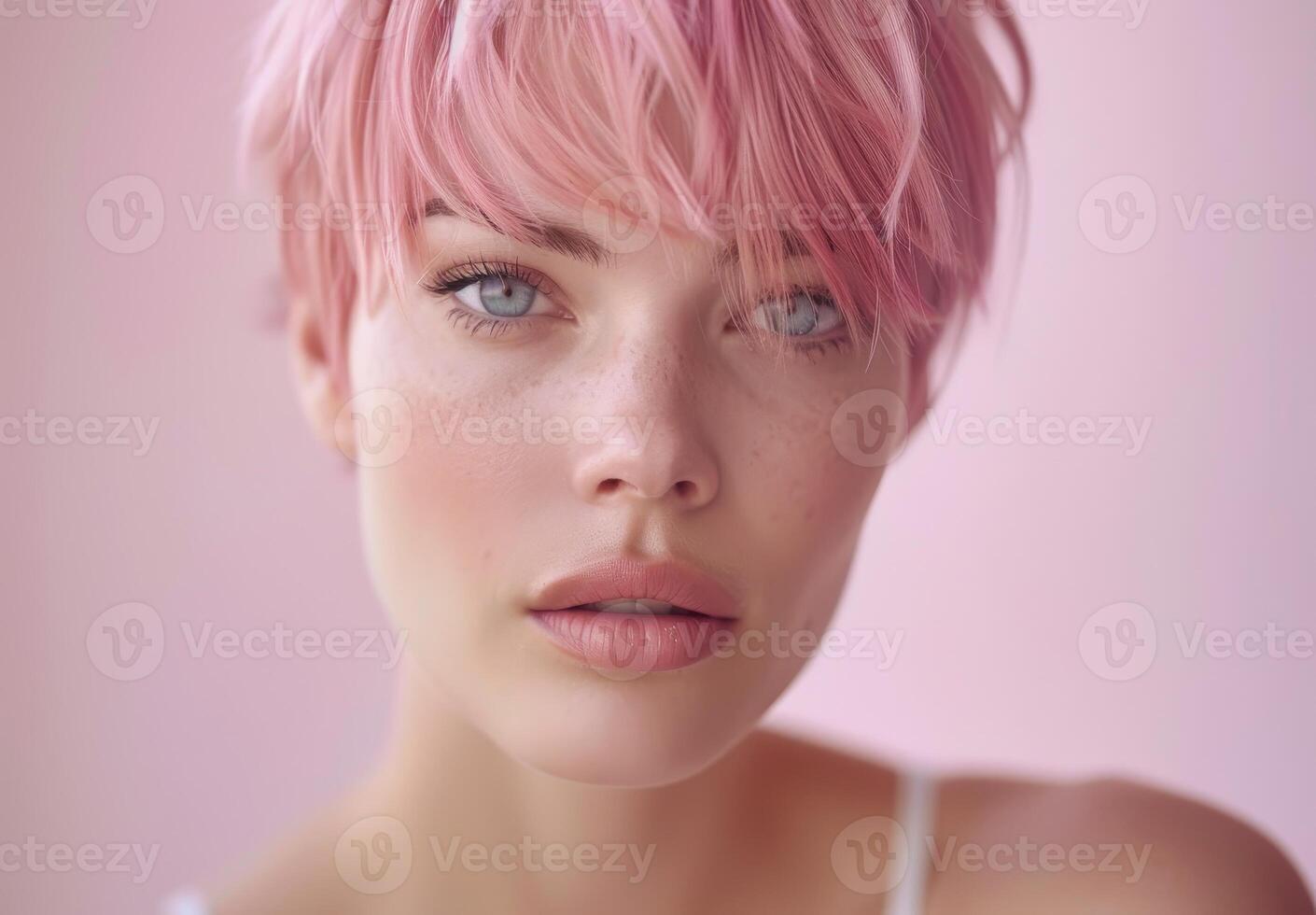Portrait of a young woman with pink hair and a thoughtful expression photo