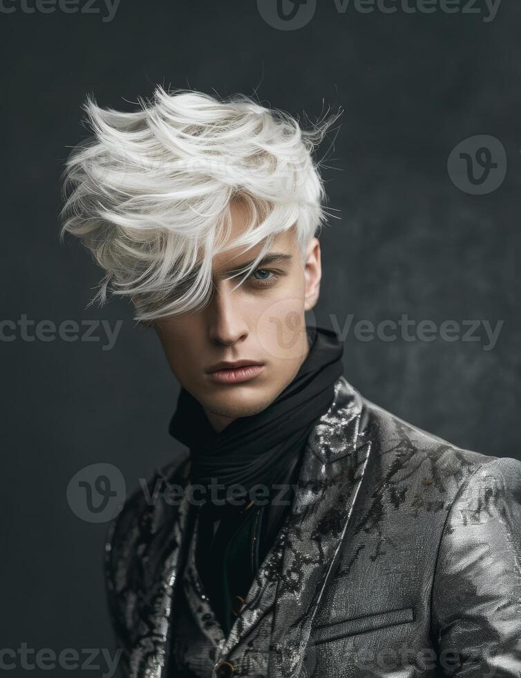 Stylish young man with trendy white hairstyle and fashionable clothing photo