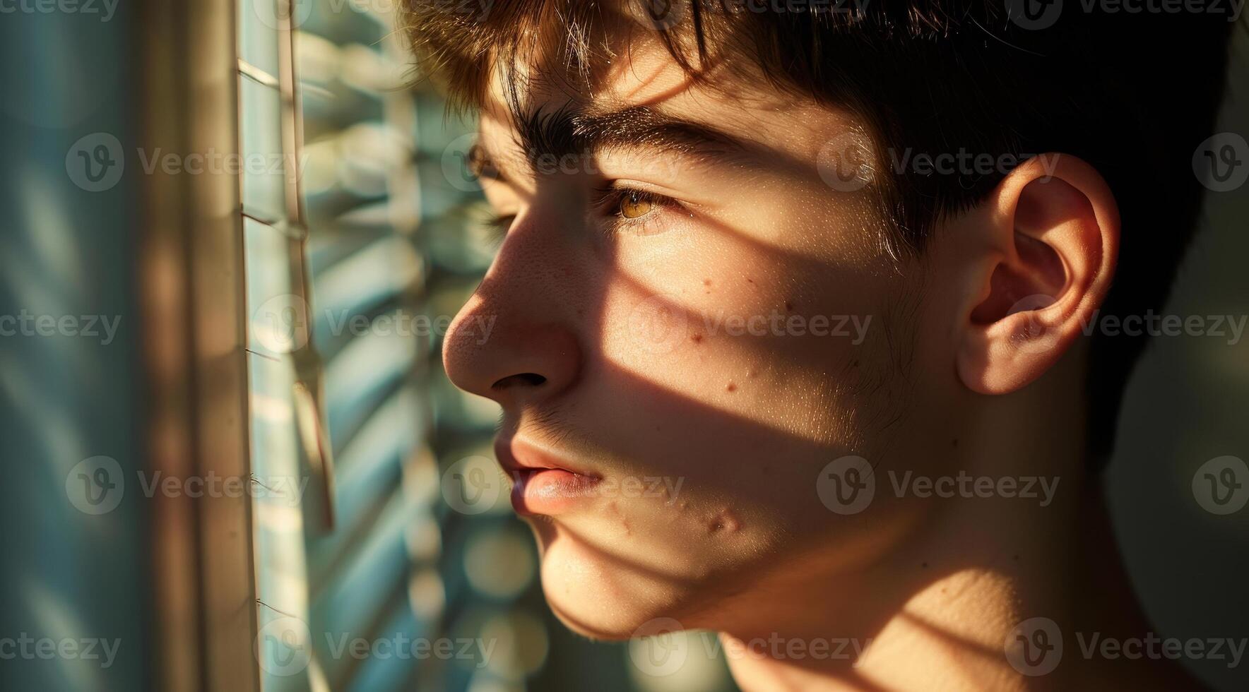Young man looking thoughtfully through blinds with sunlight casting shadows on his face photo