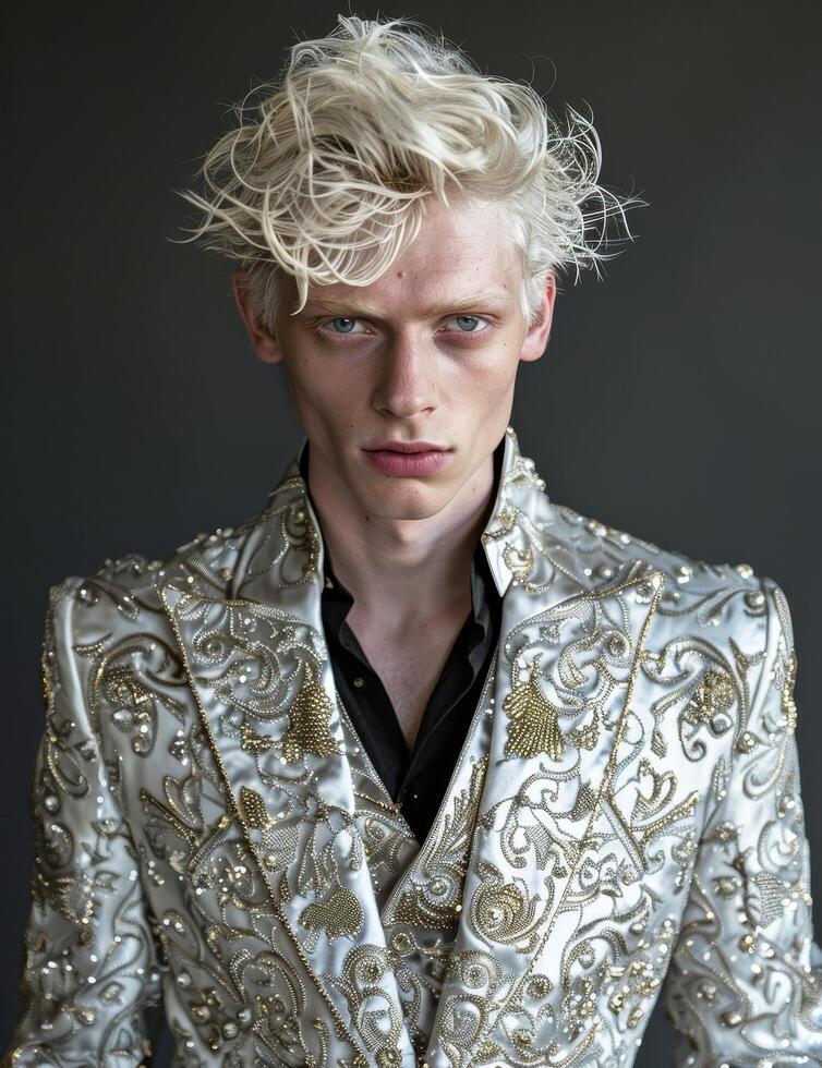 Fashionable young man in a decorative silver jacket photo