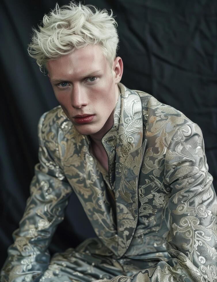 Stylish young man in a luxurious patterned jacket posing against a dark background photo