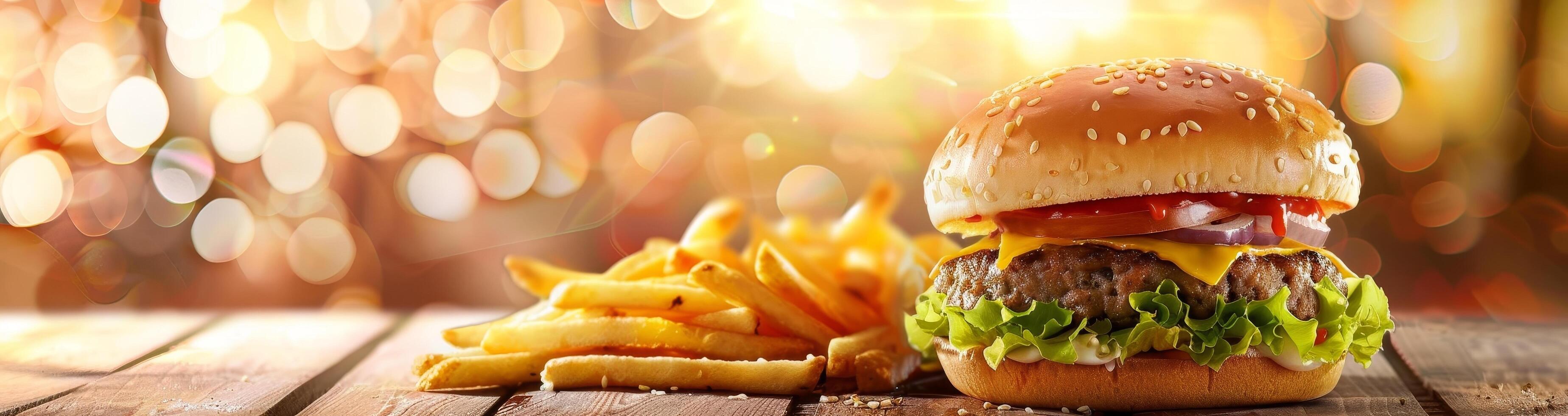 Delicious burger and fries on a wooden table with warm bokeh lights photo