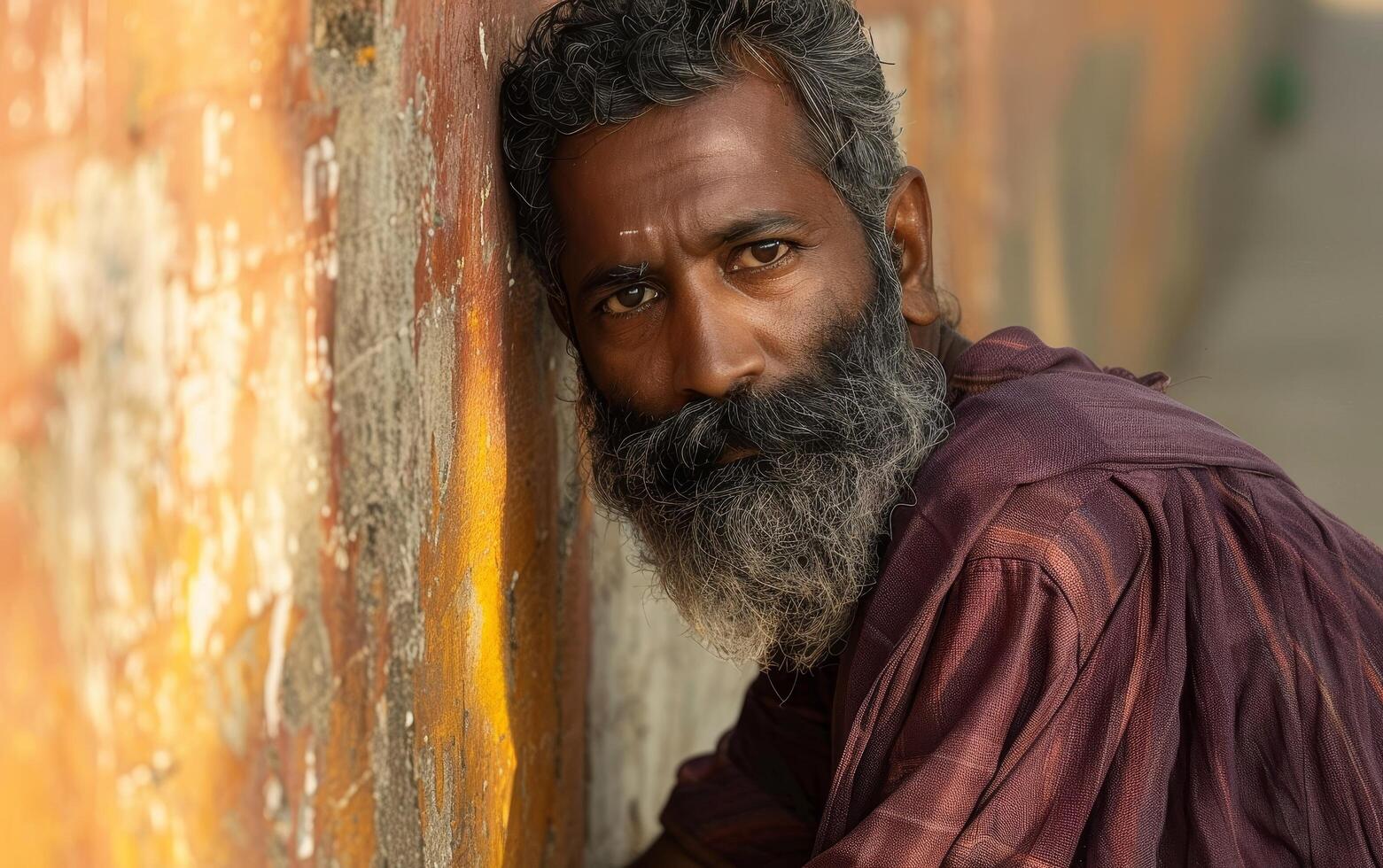 Portrait of a bearded man leaning against a textured wall photo