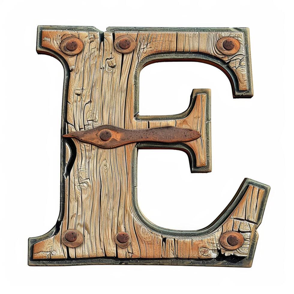 Wooden Letter E with Rustic Metal Accents photo