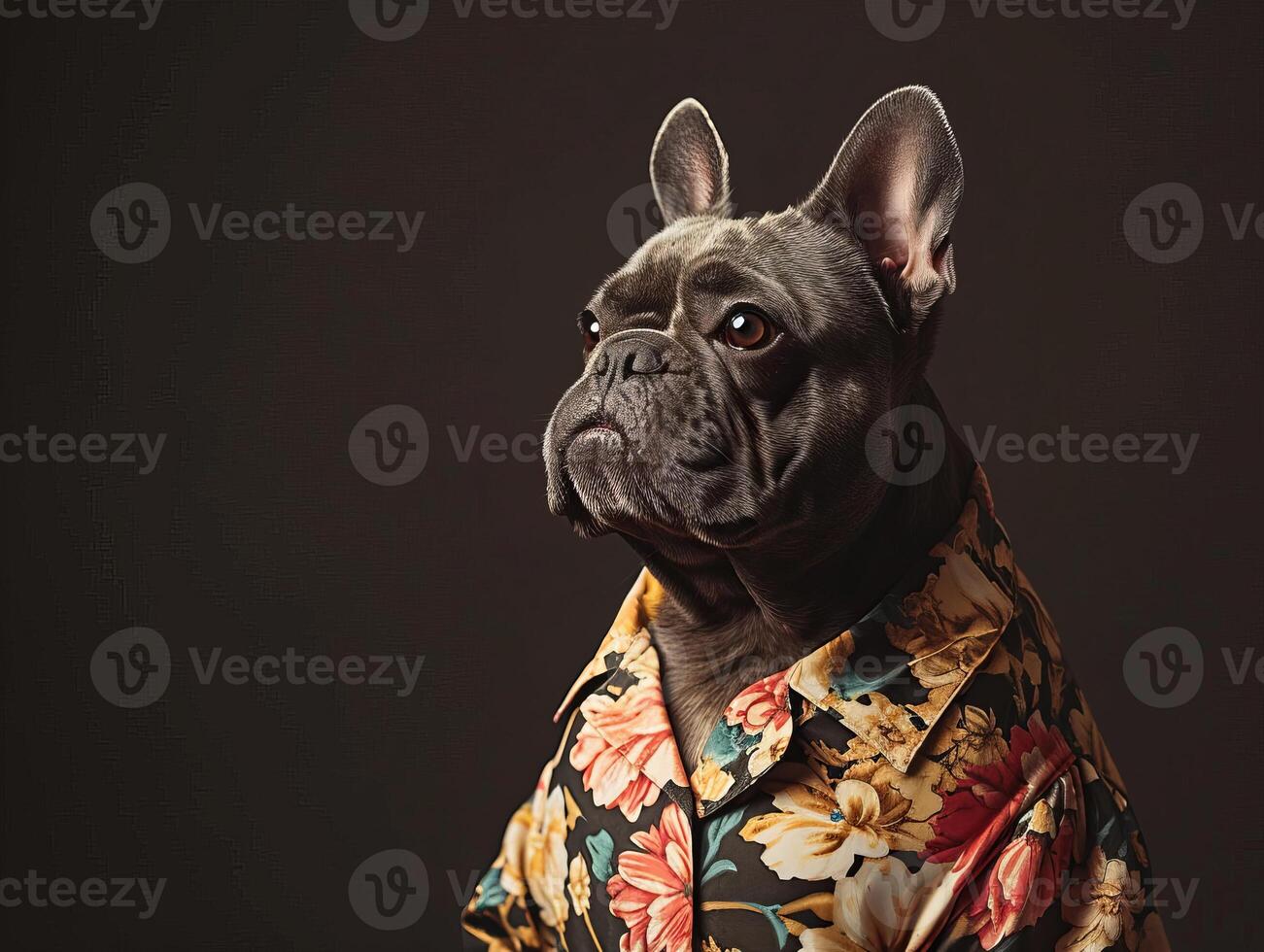 Stylish French Bulldog in a Floral Shirt Posing Elegantly photo