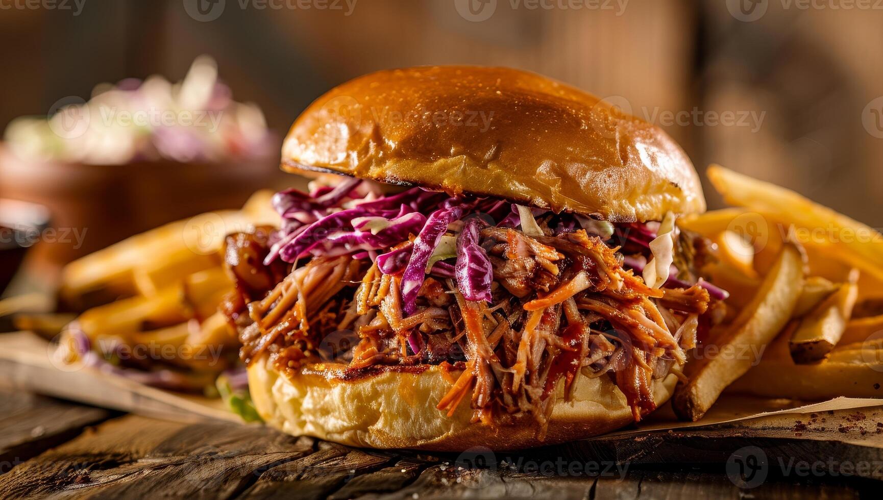 Delicious Pulled Pork Sandwich with Coleslaw and Fries photo