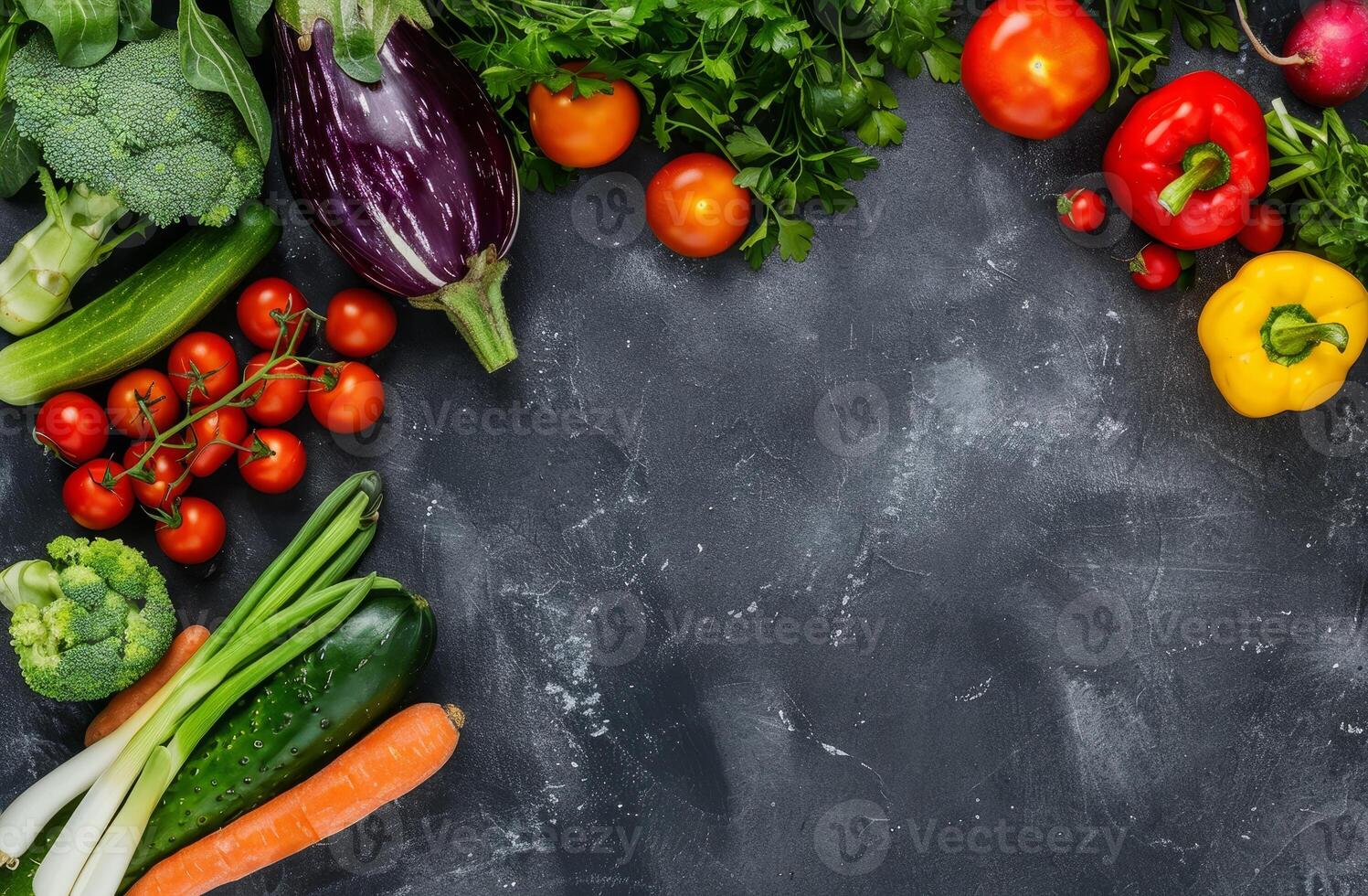 Assortment of fresh vegetables on a dark slate background photo