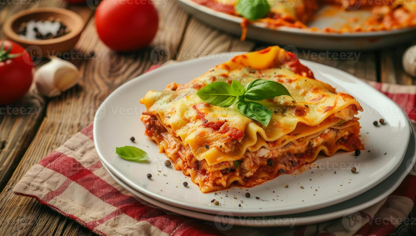 Delicious homemade lasagna served on a rustic wooden table photo