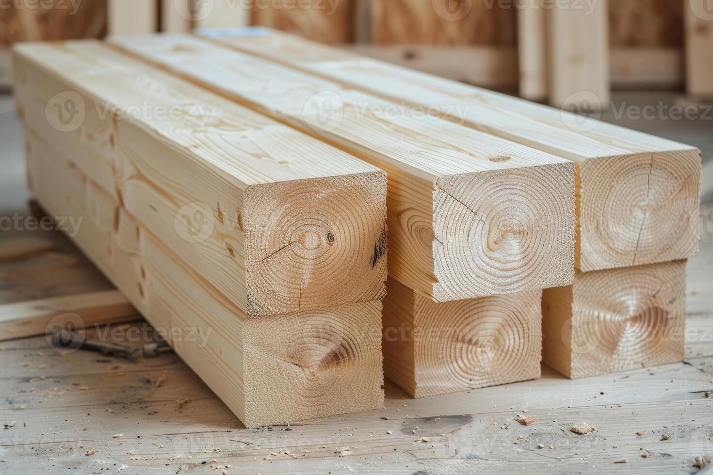 Stack of Freshly Cut Timber at a Construction Site photo