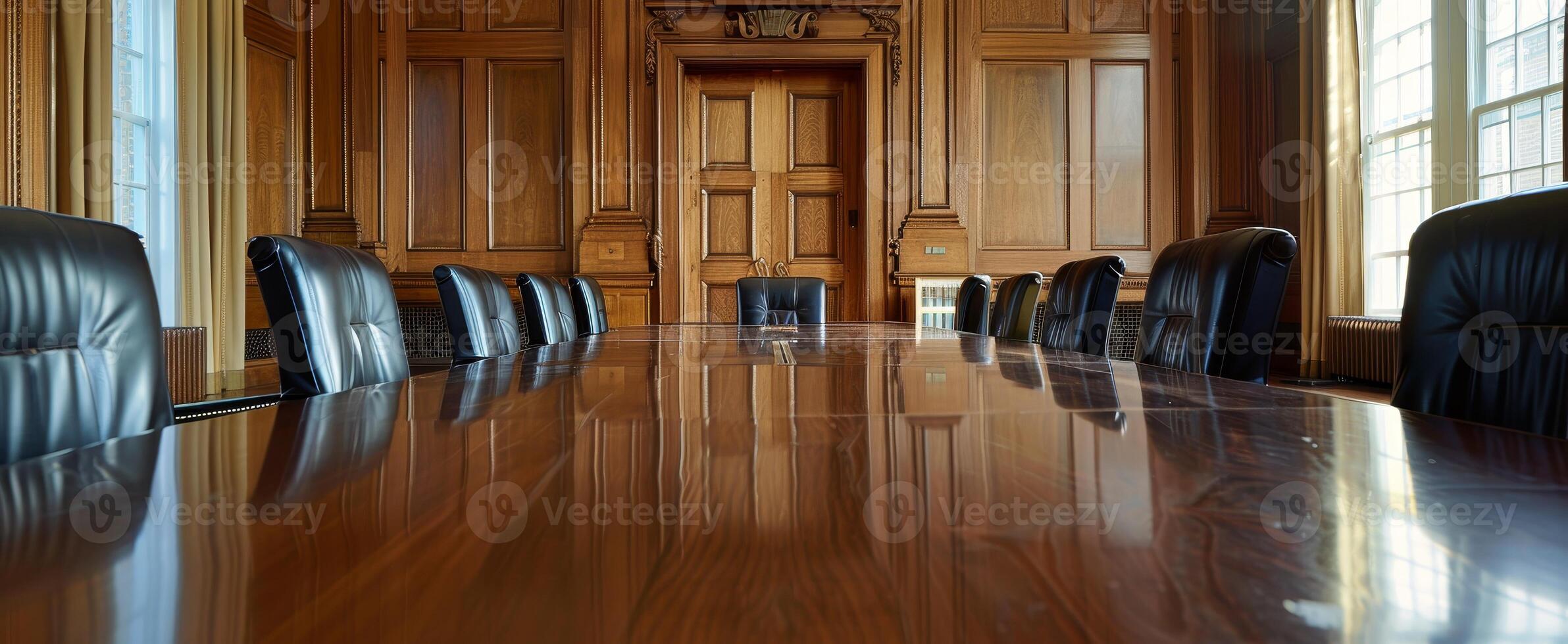 Elegant boardroom with polished wooden table and leather chairs photo