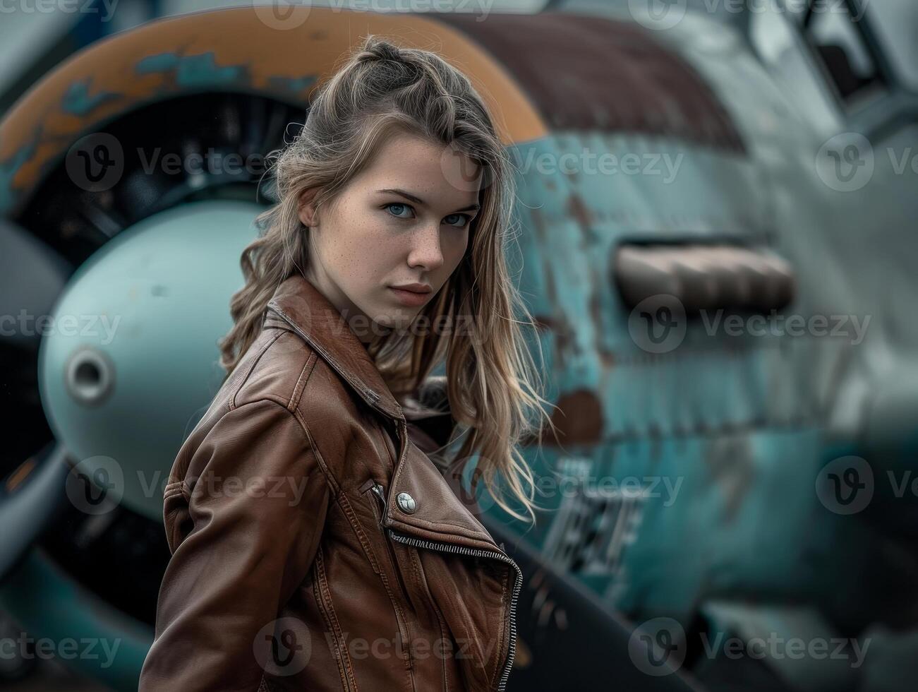 Young woman in leather jacket standing in front of a vintage airplane photo