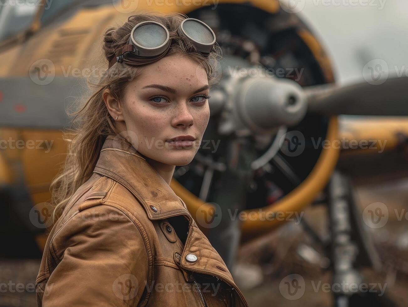 Confident female pilot in vintage aviation gear standing in front of a classic airplane photo