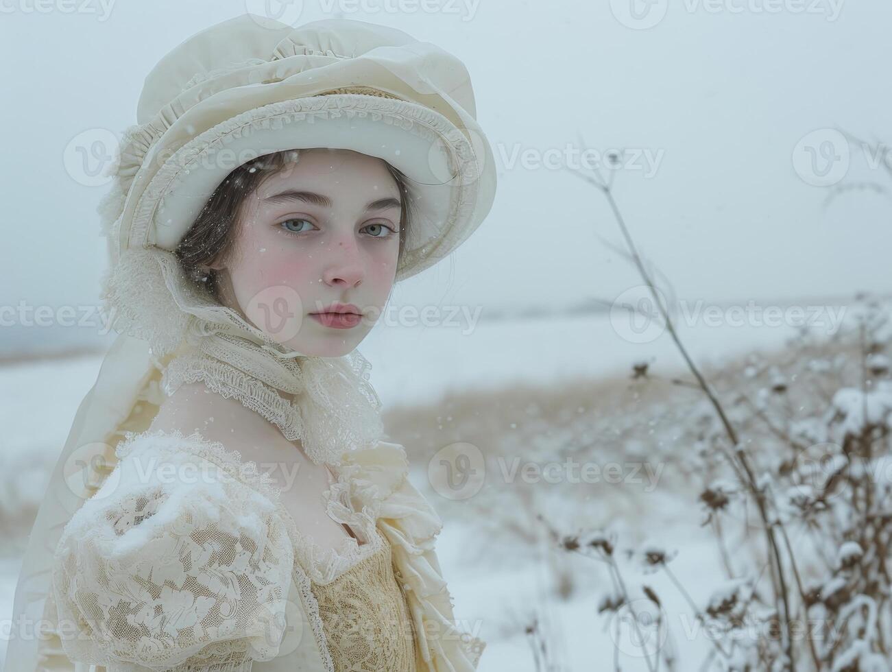 Young woman in vintage attire against a snowy backdrop photo