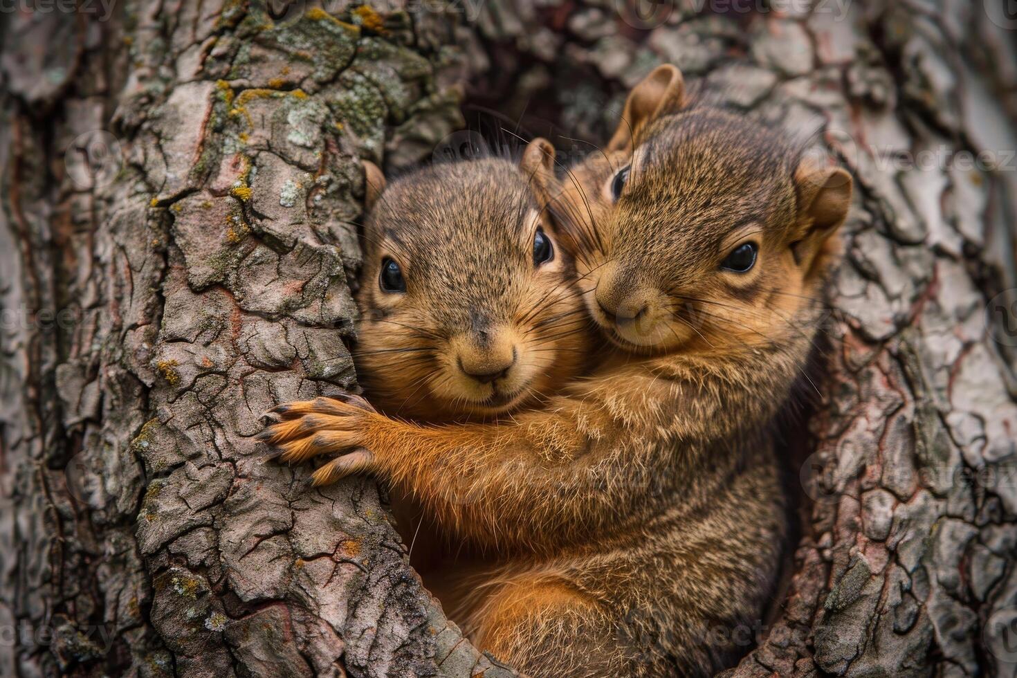 Two Squirrels Peeking from a Tree Hole photo