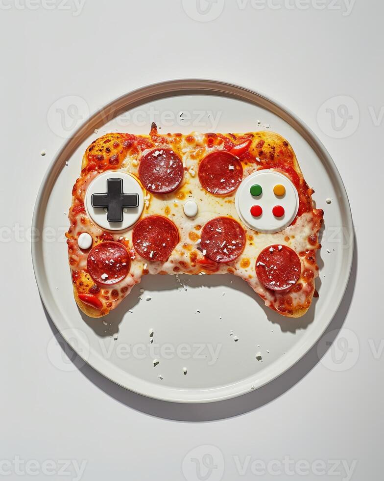 Pizza themed game controller on a plate photo