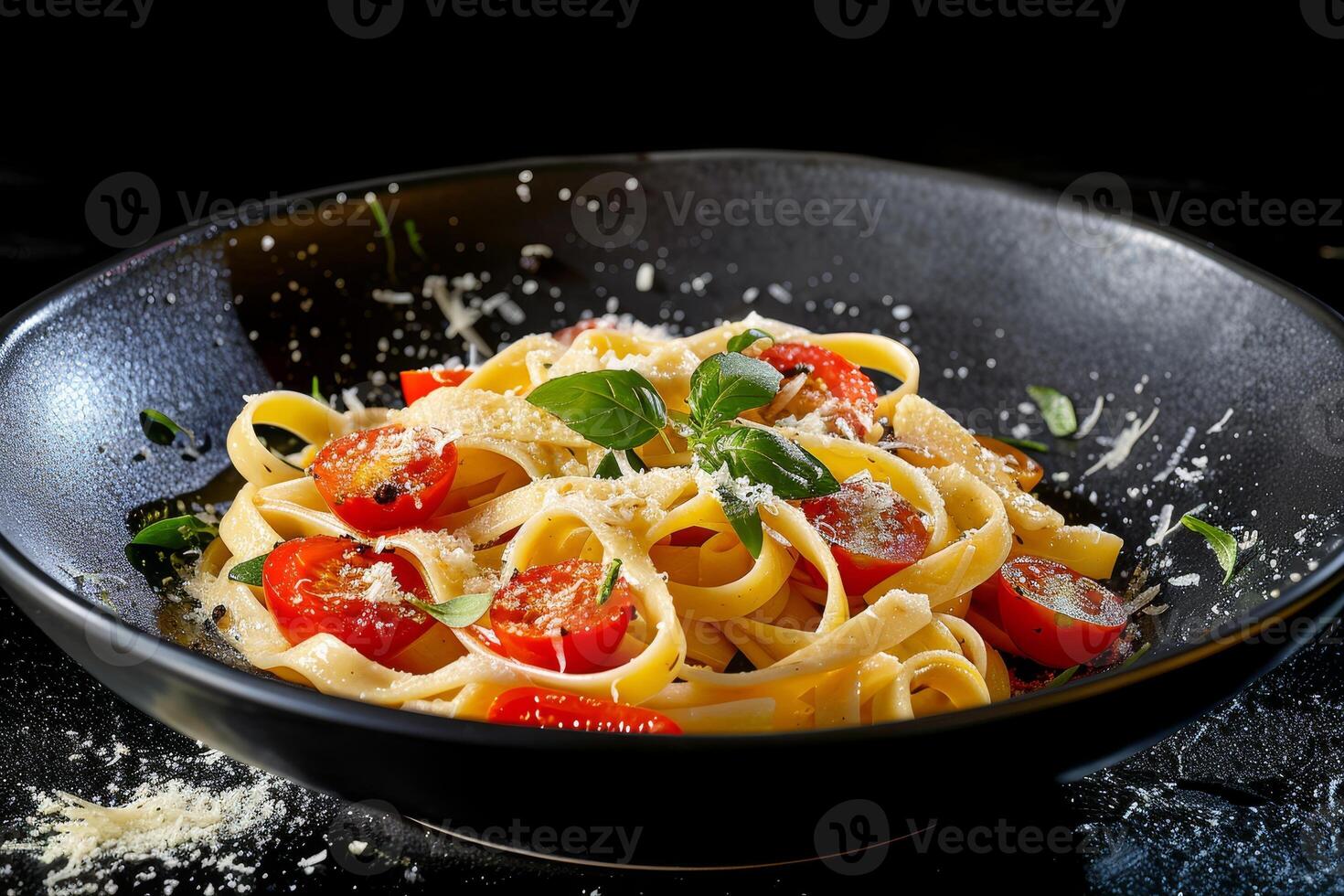 Freshly prepared pasta with tomatoes and basil sprinkled with parmesan photo