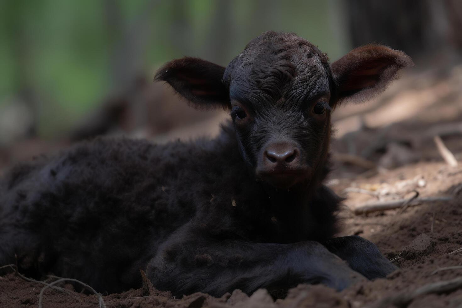Newborn calf resting in a forest photo