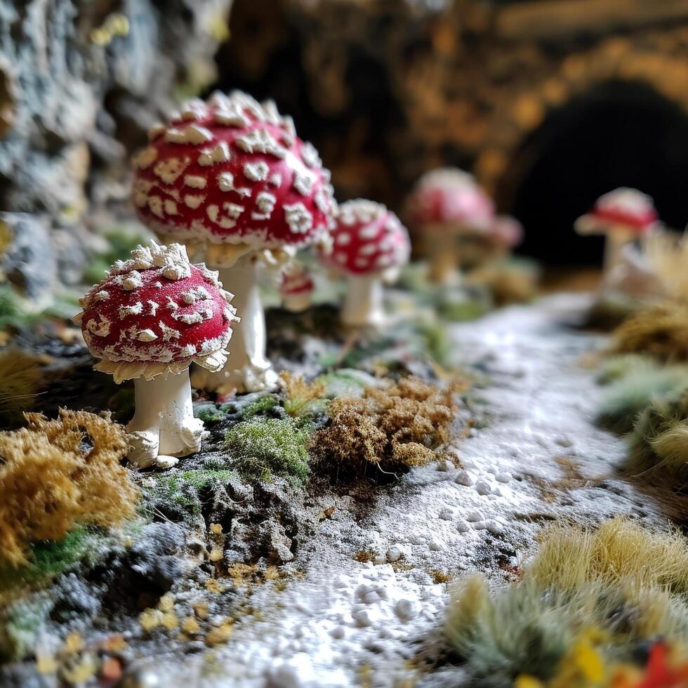 Vibrant Red and White Mushrooms in a Mystical Forest Setting photo