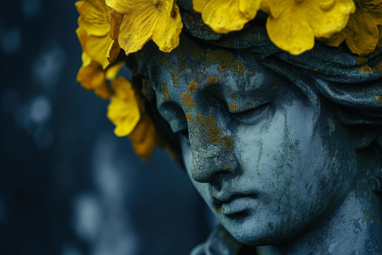 Statue with Yellow Floral Crown in Moody Blue Tones photo