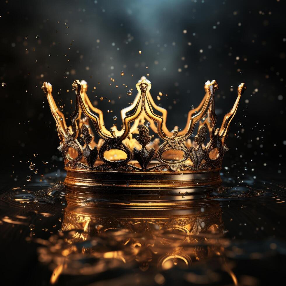 Regal crown submerged in water with splashes and golden reflections photo