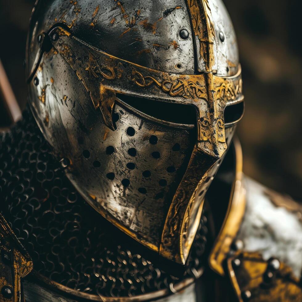 Close up of an ornate medieval knight helmet photo