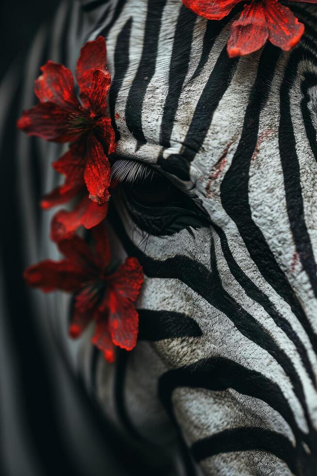 Close up of a Zebra with Red Flowers photo