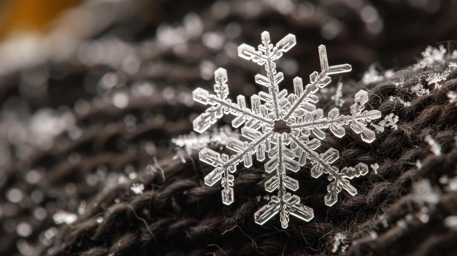 Detailed macro shot of a unique snowflake on a textured surface photo